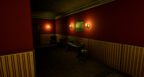 A lounge corridor lit by wall lamps