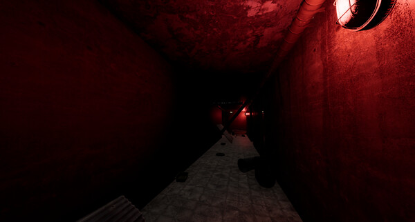 A red-lit service tunnel beneath the hotel
