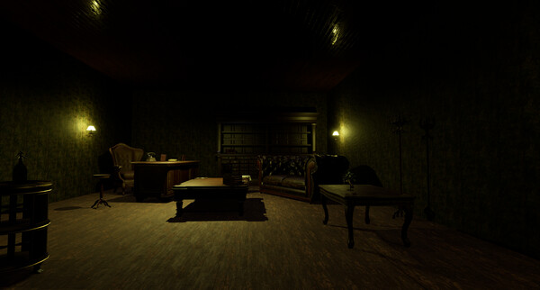 A dark sitting room with old furniture